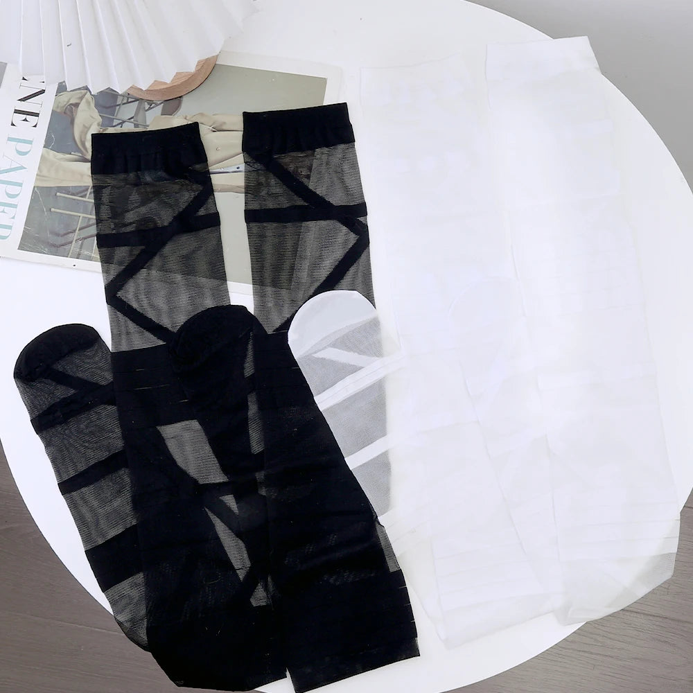 Gothic Lolita UltraThin Transparent Silk Thigh High Long Knee High Black White Women Socks Stockings