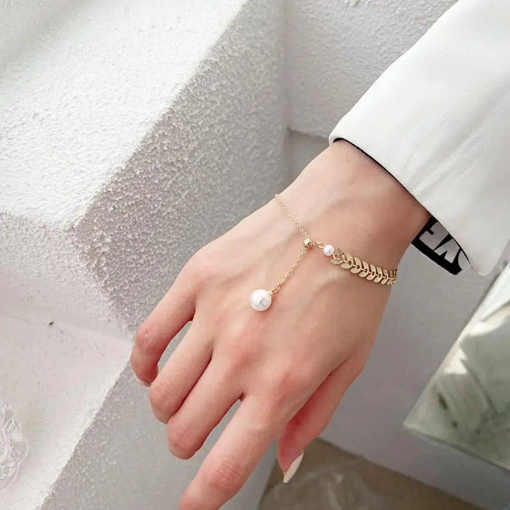 New Simple Wheat Ear Pearl Temperament Lucky Gold Charm Women Bracelet Necklace Earrings Jewelry Set
