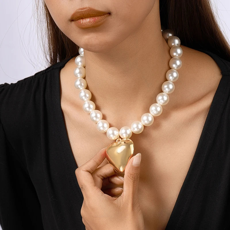 Elegant Trendy Cool Imitation Pearl Big Love Heart Pendant Gold Women Necklace Jewelry Gifts