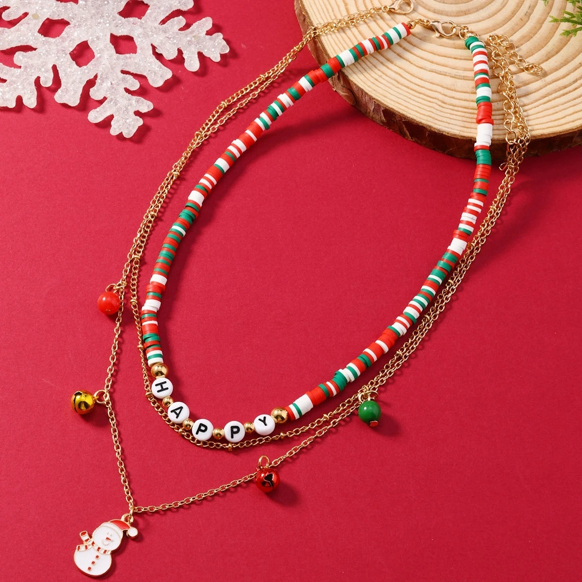 2pcs Trendy Polymer Clay Letters HAPPY Bead Snowflake Snowman Charm Multi-layer Women Necklace Set
