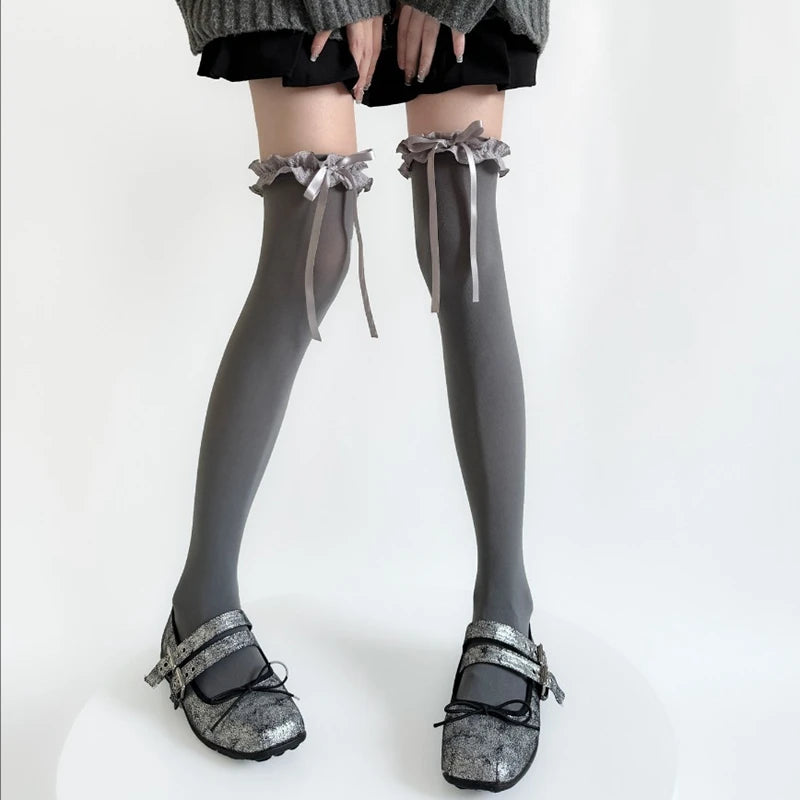 Lace Ruffle Long Sweet Lolita Lace Over The Knee Bowknot Hosiery Black White Women Socks Stockings