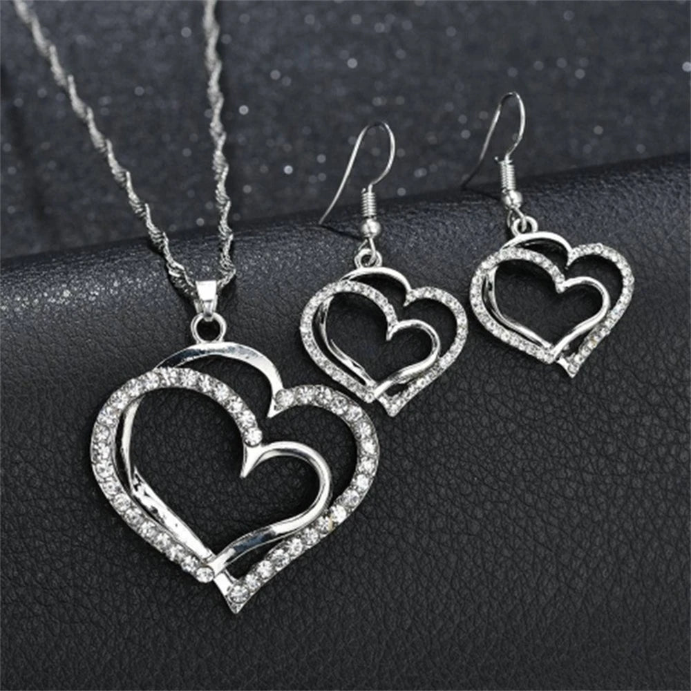 Exquisite Double Heart Charm Gold Silver Women Necklace Earrings Bracelet Jewelry Set