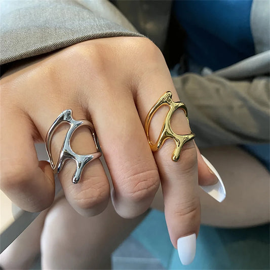 Creative Geometric Irregular Melt Metal Open Women Teen Gold Silver Hollow Cool Punk Rings Fall Gift