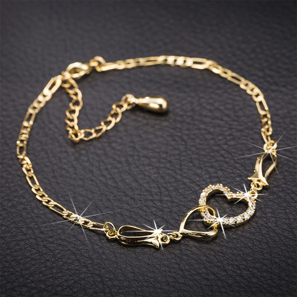 Exquisite Double Heart Charm Gold Silver Women Necklace Earrings Bracelet Jewelry Set