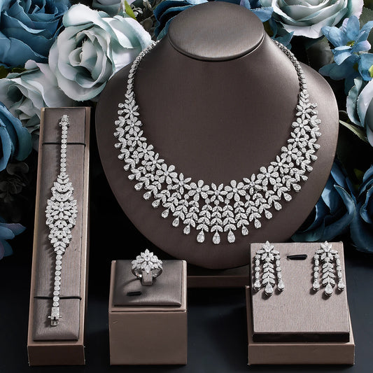 4pcs Bridal Zirconia Crystal Silver Women Earrings Necklace Bracelet Ring Full Jewelry Sets