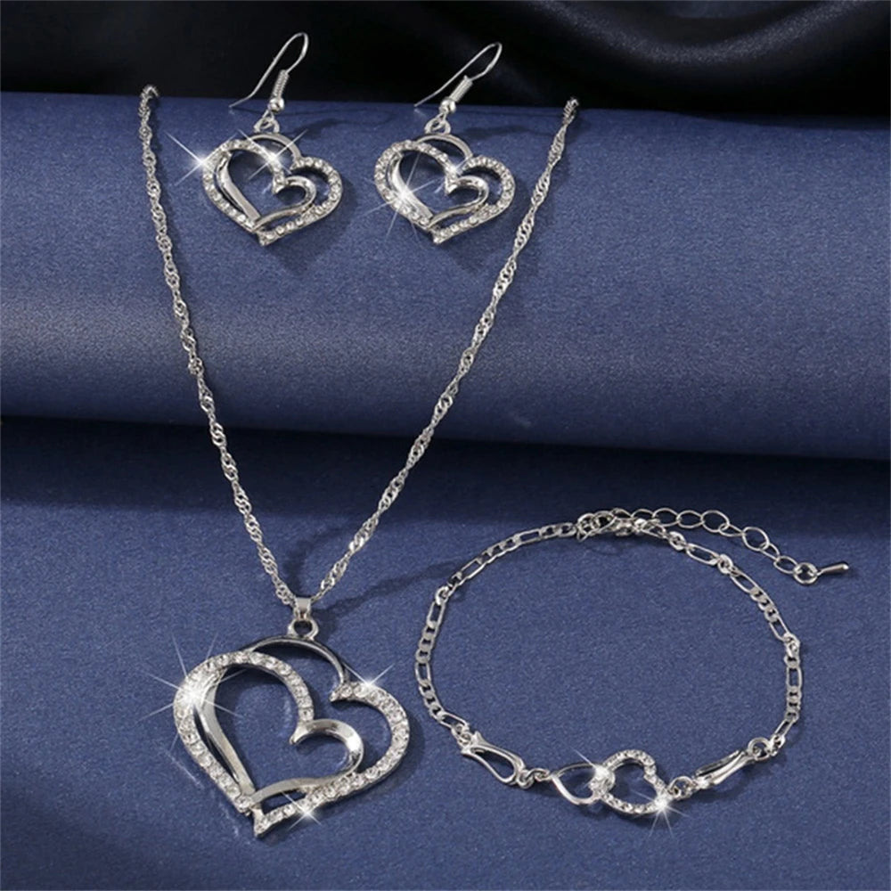 Exquisite Double Heart Charm Gold Silver Women Necklace Earrings Bracelet Jewelry Set