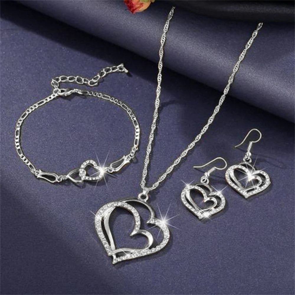 Exquisite Double Heart Charm Gold Silver Women Necklace Earrings Bracelet Jewelry Set