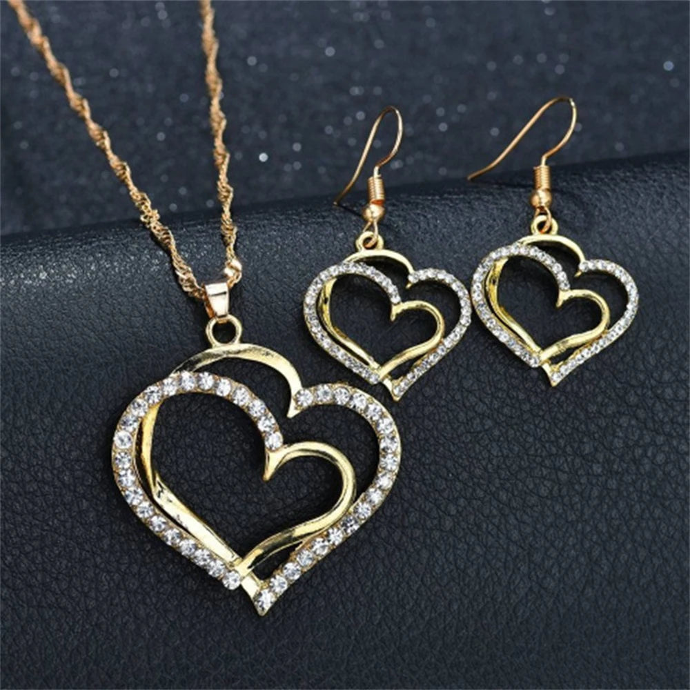 Exquisite Double Heart Charm Gold Silver Women Necklace Earrings Bracelet Jewelry Set