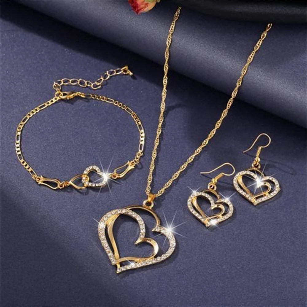 Exquisite Double Heart Charm Gold Silver Women Necklace Earrings Bracelet Jewelry Set