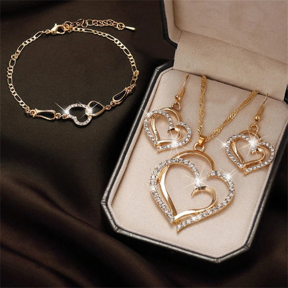 Exquisite Double Heart Charm Gold Silver Women Necklace Earrings Bracelet Jewelry Set