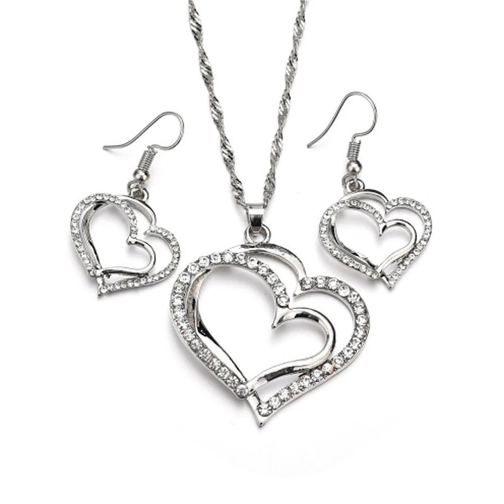 Exquisite Double Heart Charm Gold Silver Women Necklace Earrings Bracelet Jewelry Set