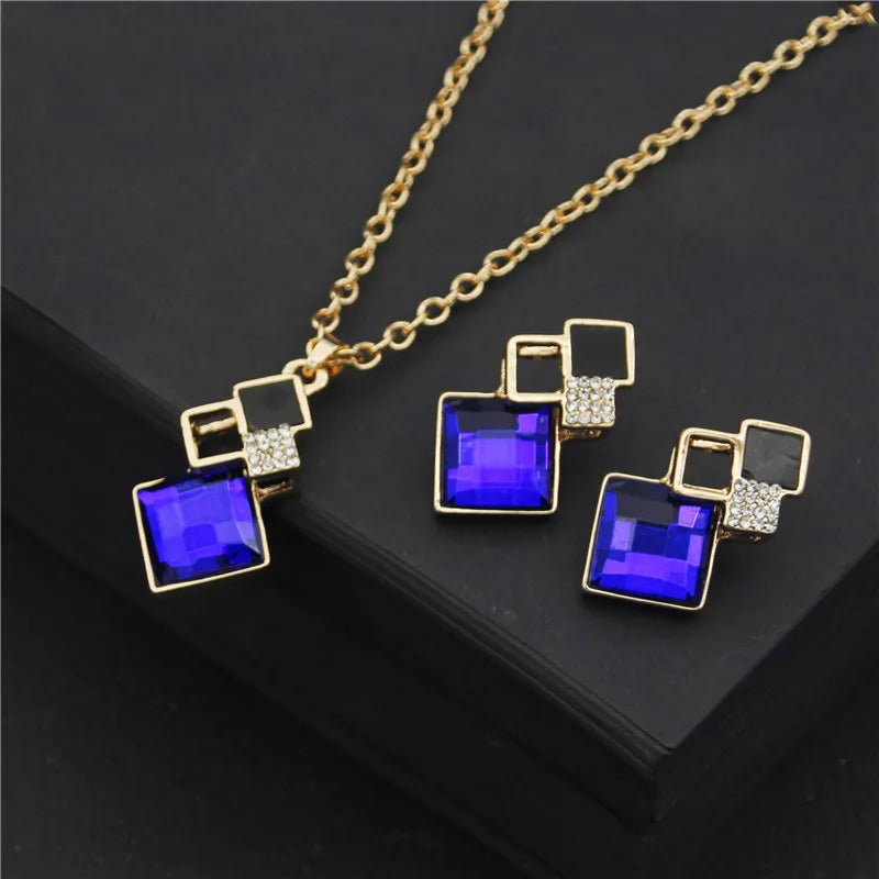 Fashion Crystal Pendants Necklace Earrings Women Jewelry Set Bridal Wedding Choker Necklace Set Gift