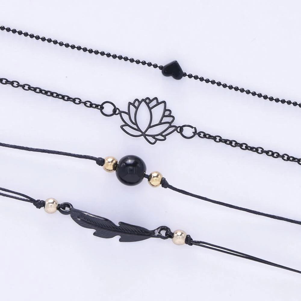 New Fashion 4pcs Gothic Black Feather Lotus Bracelets Set Heart Charm Boho Bangle Women Wrist Chain