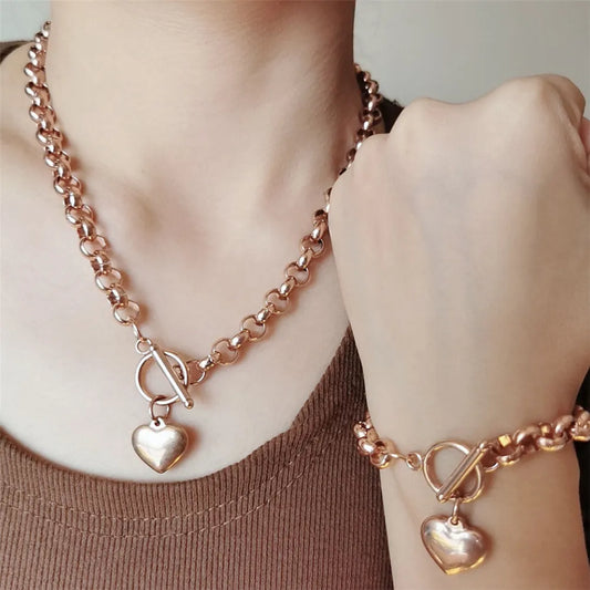 Fashion Buckle Toggle Heart Gold Silver Rose Gold Women Bracelet Necklace Jewelry Sets Jewelry Gifts