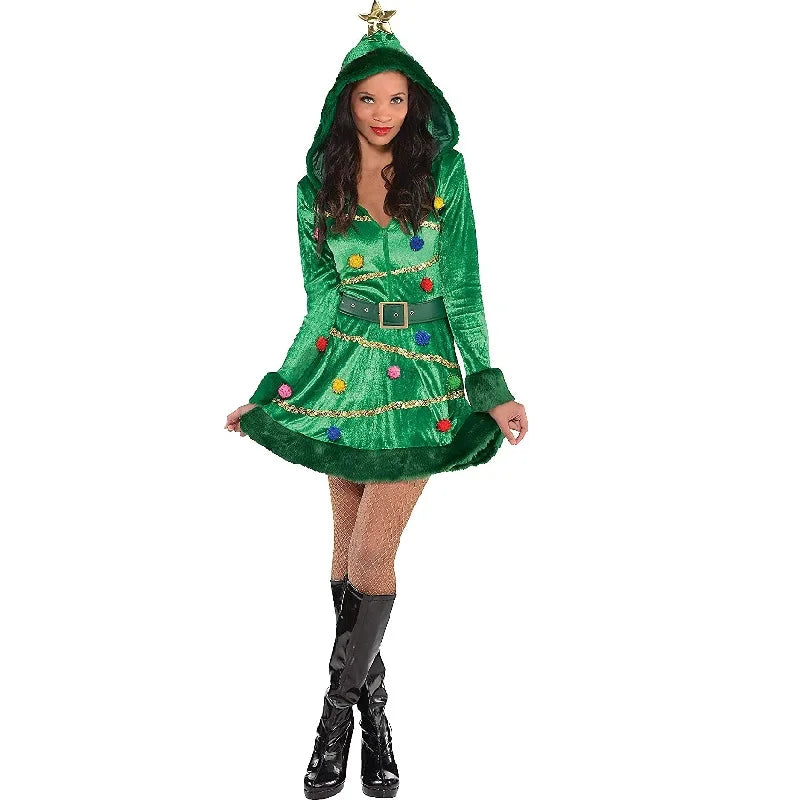 Christmas Tree Fancy Green Long Sleeve Hooded Dress with Belt Sexy Party Women Costume Dress Cosplay