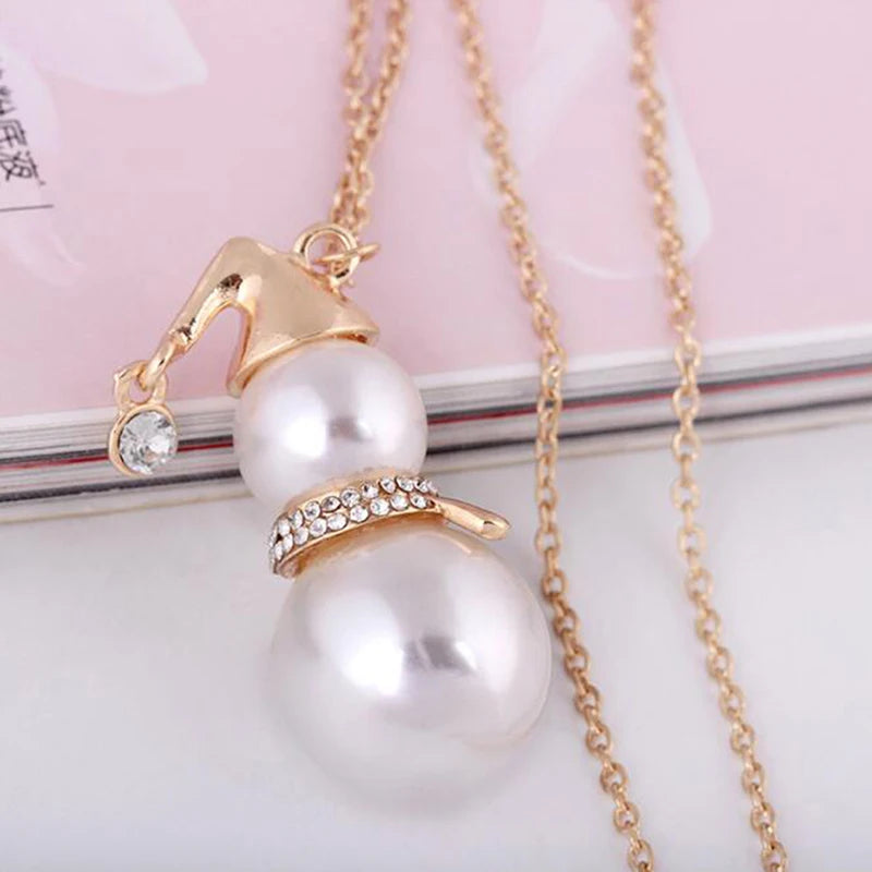 Fashion Trendy Cute Snowman Santa Claus Pendant Long Gold Silver Pearl Women Necklace Jewelry Gifts