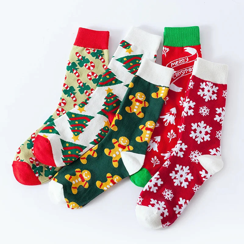 5pairs Winter Cartoon Christmas Ornaments Christmas Tree Snowflake Gingerbread Man Women Socks Gifts