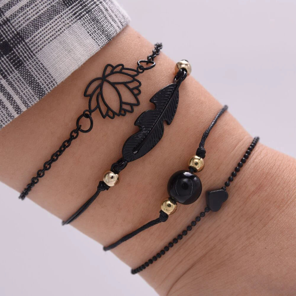 New Fashion 4pcs Gothic Black Feather Lotus Bracelets Set Heart Charm Boho Bangle Women Wrist Chain