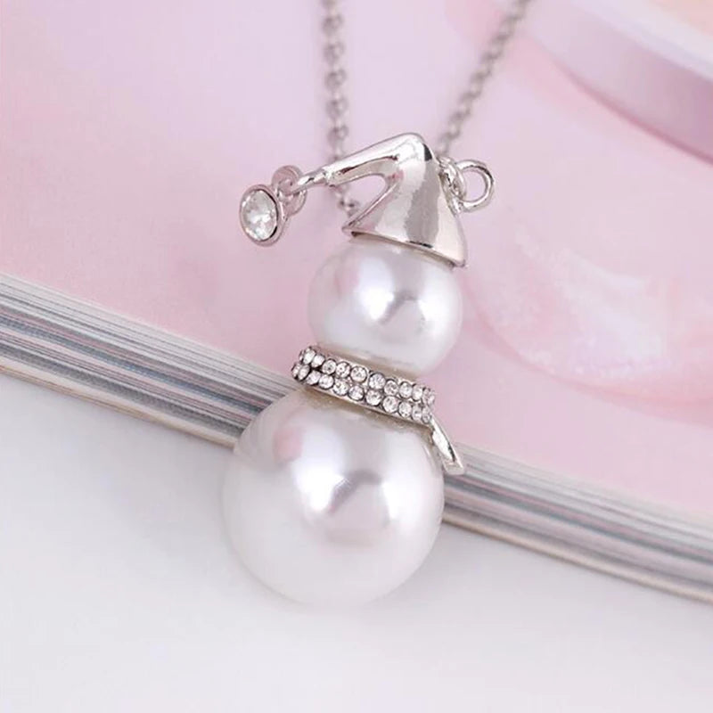 Fashion Trendy Cute Snowman Santa Claus Pendant Long Gold Silver Pearl Women Necklace Jewelry Gifts