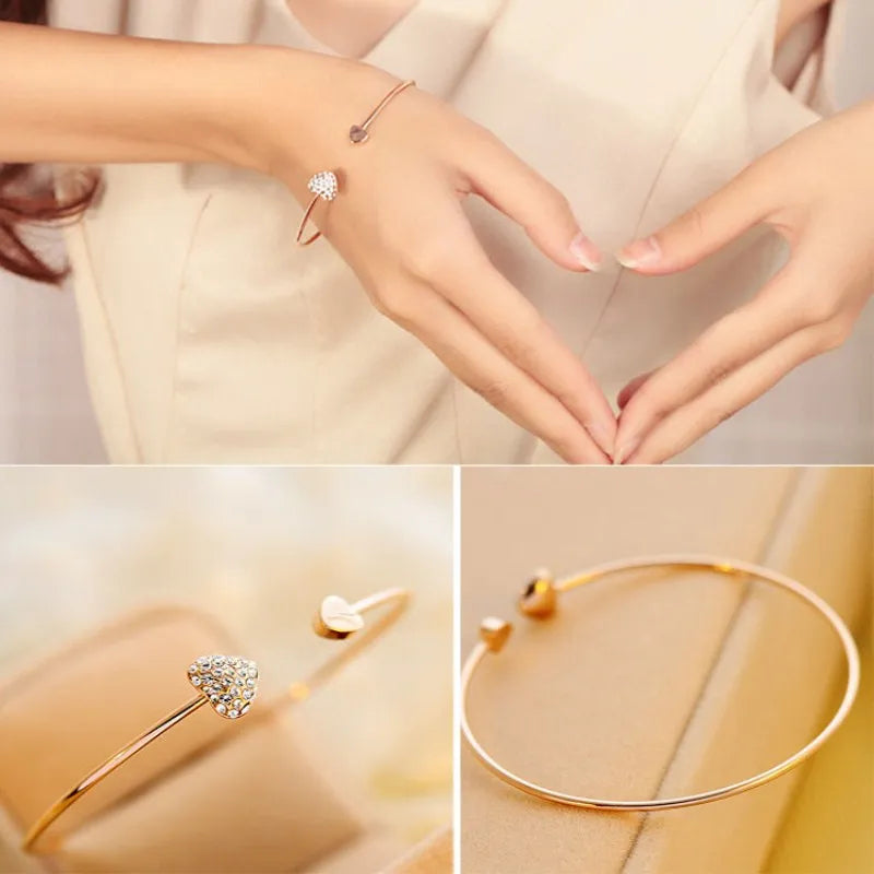 Hot New Fashion Adjustable Crystal Double Heart Bow Cuff Opening Gold Women Bracelet Jewelry Gift