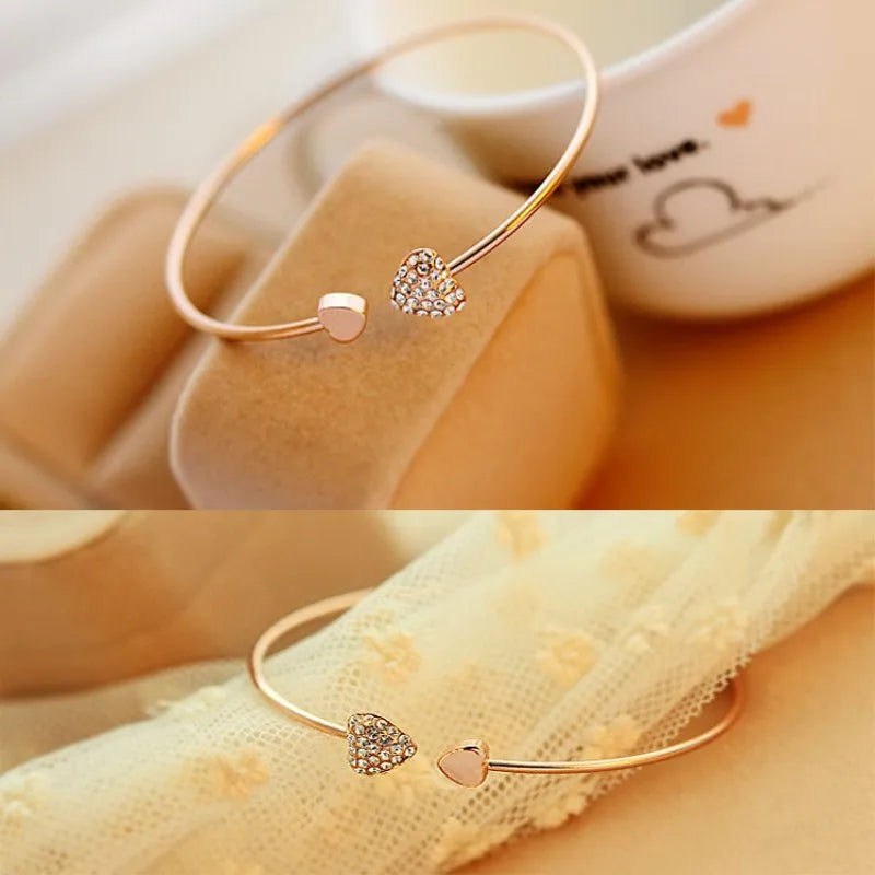 Hot New Fashion Adjustable Crystal Double Heart Bow Cuff Opening Gold Women Bracelet Jewelry Gift