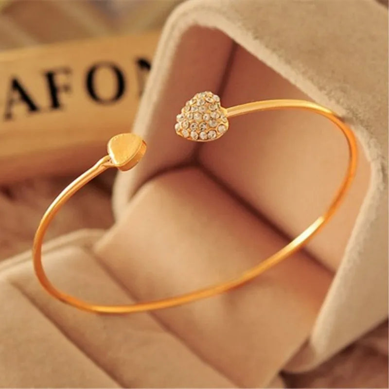 Hot New Fashion Adjustable Crystal Double Heart Bow Cuff Opening Gold Women Bracelet Jewelry Gift