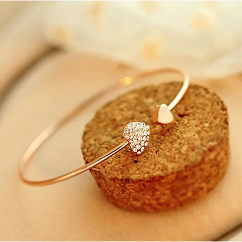 Hot New Fashion Adjustable Crystal Double Heart Bow Cuff Opening Gold Women Bracelet Jewelry Gift