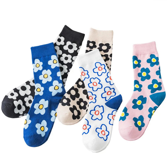 Autumn Winter Fall Fashion Cute Ins Korea Style Streetwear Flower Pattern Print Women Short Socks