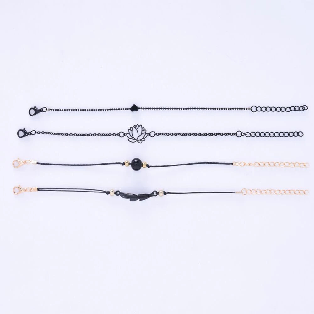 New Fashion 4pcs Gothic Black Feather Lotus Bracelets Set Heart Charm Boho Bangle Women Wrist Chain