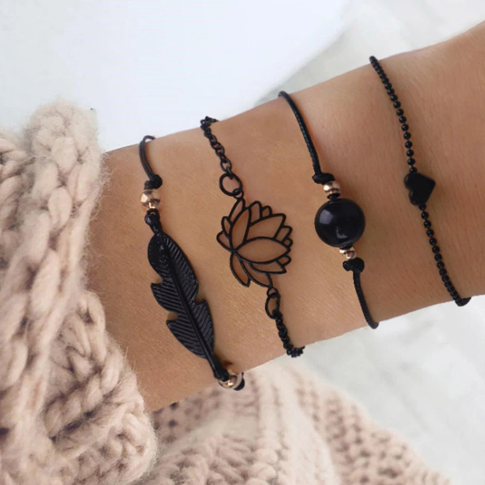 New Fashion 4pcs Gothic Black Feather Lotus Bracelets Set Heart Charm Boho Bangle Women Wrist Chain