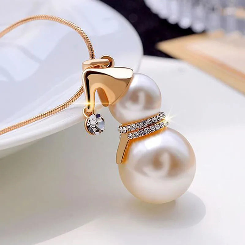 Fashion Trendy Cute Snowman Santa Claus Pendant Long Gold Silver Pearl Women Necklace Jewelry Gifts