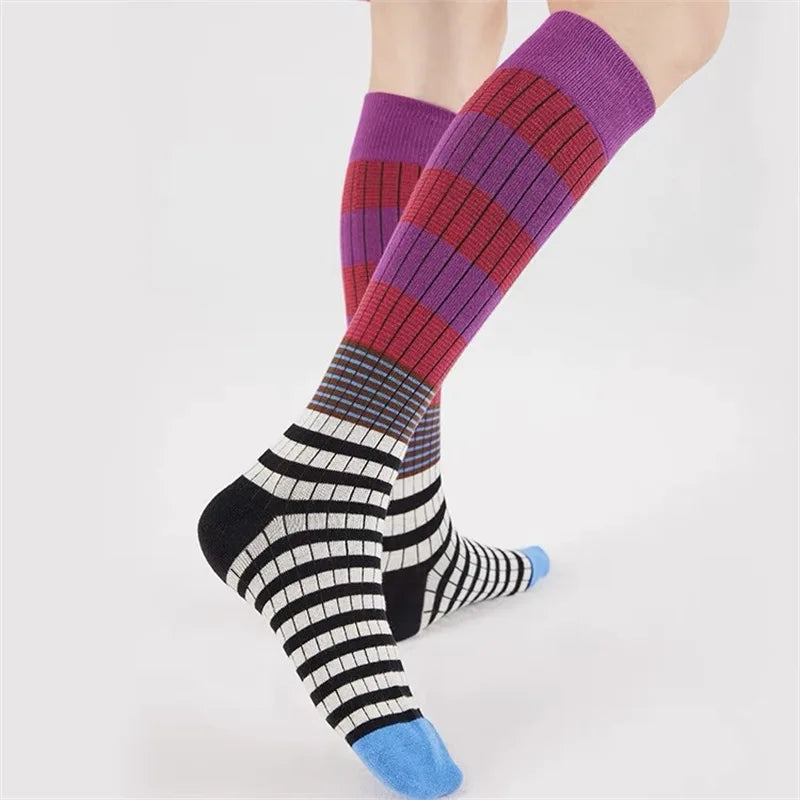 Autumn Winter Gradient Striped Colorful Retro Cotton Women High Tube Soft Sport Casual Calf Socks