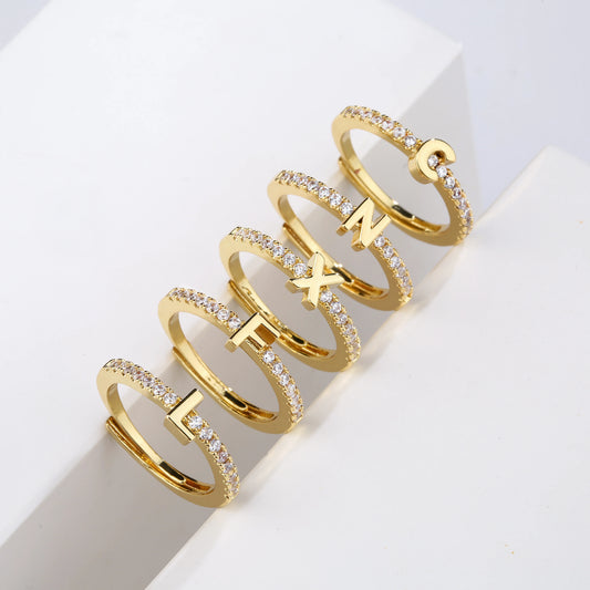 Fashion Initials Letter Classic Simple Gold Silver Women Opening Finger Rings Party Jewelry Gift