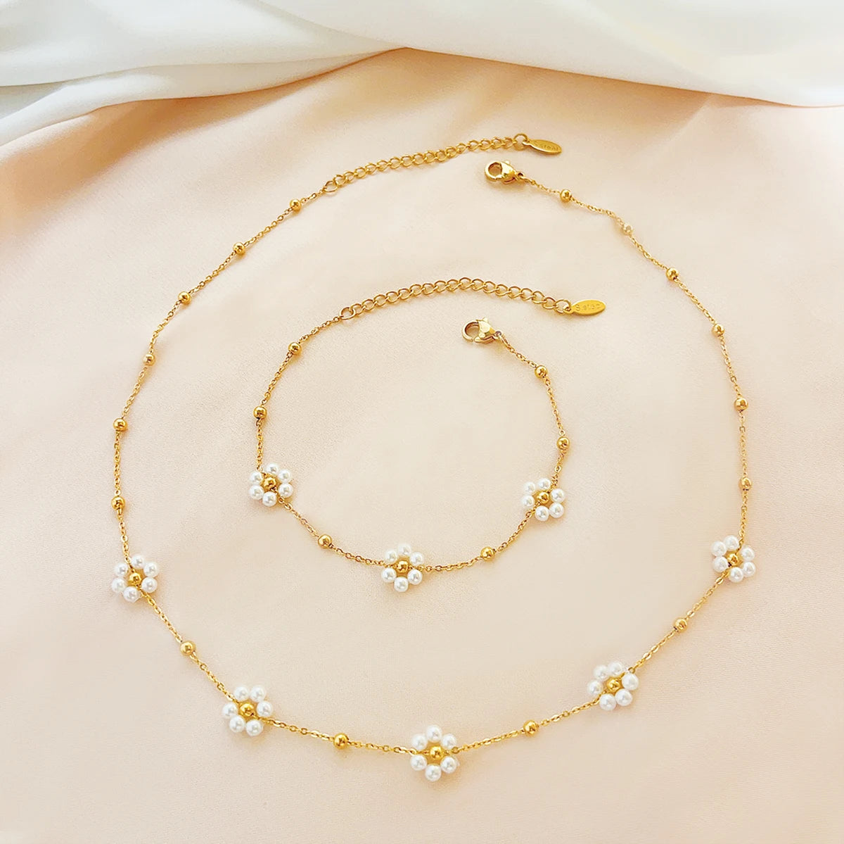 Bohemia Handmade Pearl White Flowers Charm Necklace Bracelet Jewelry Set Women Gold Beads Chain Gift