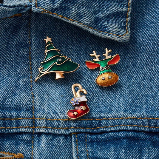 Xmas Cute Santa Claus Elk Crutch Gift Box Hat Tree Glove Star Bear Women Kids Brooch Sets Jewelry