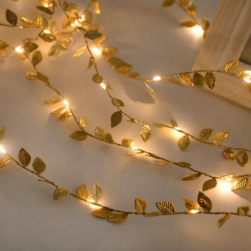 2M 20LED Gold Leaves Artificial Plant String Lights Christmas Birthday Party Home Garden Decoration