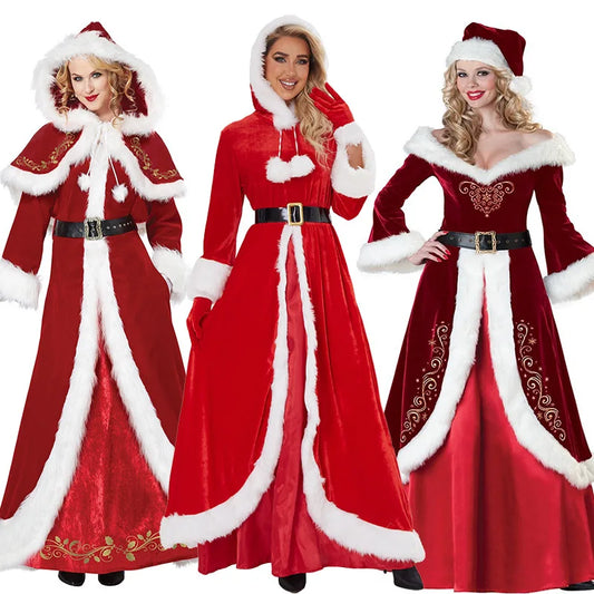 Deluxe Classic Mrs. Claus Christmas Costume Xmas Party Santa Claus Cosplay Women Red Dress Christmas