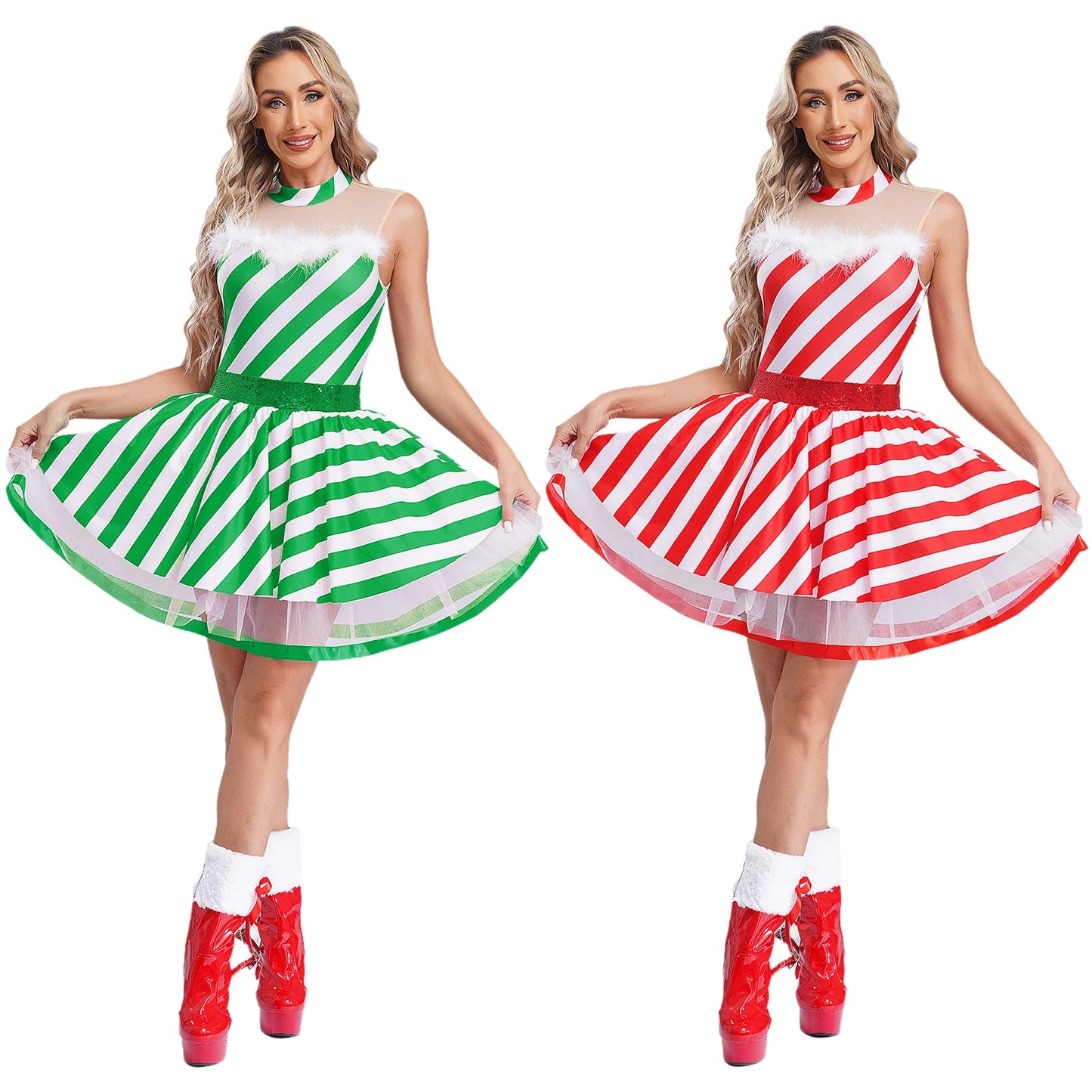 Women Adults Christmas Tutu Dress Candy Cane Striped Skating Ballet Dance Xmas Fancy Costume Gifts