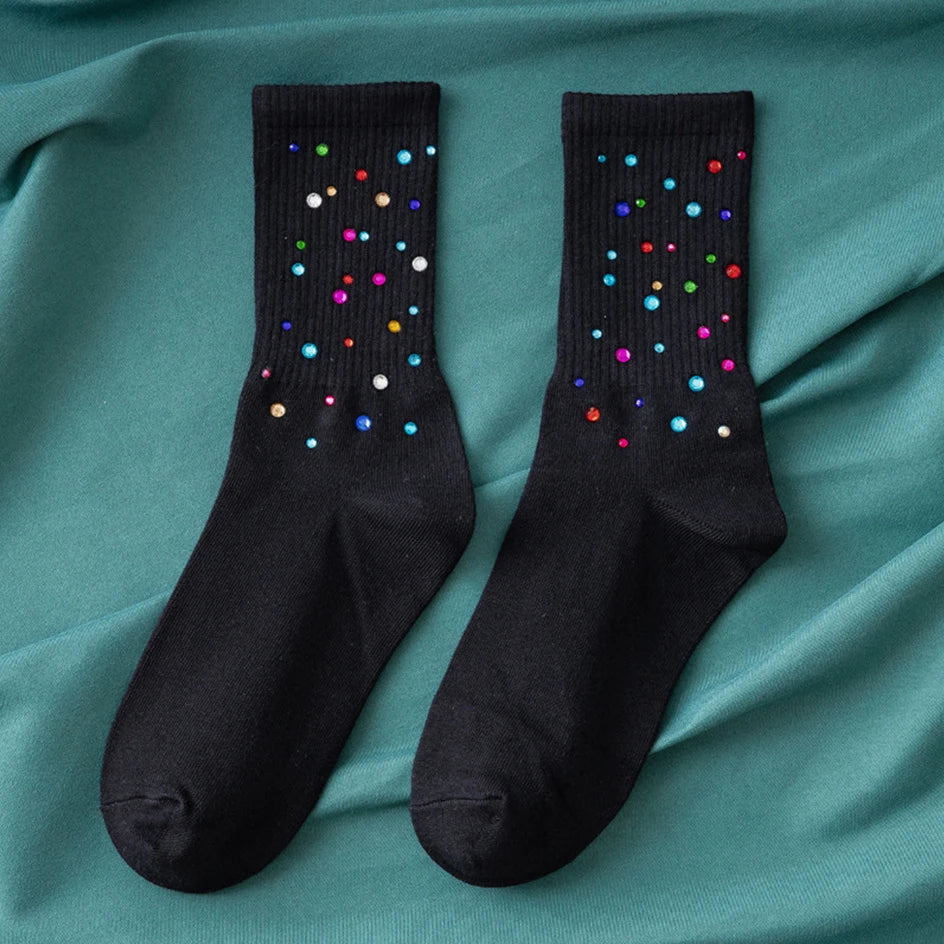 Autumn Winter Fall Fashion Glitter Diamond Rhinestone Harajuku Loose Midtube Cotton Women Socks