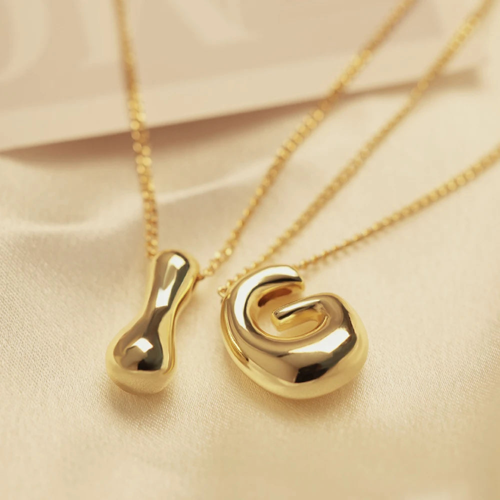 Gold Stainless Steel Initial Women Girls Chunky Bubble Letter Pendant Necklaces Collar Jewelry Gift