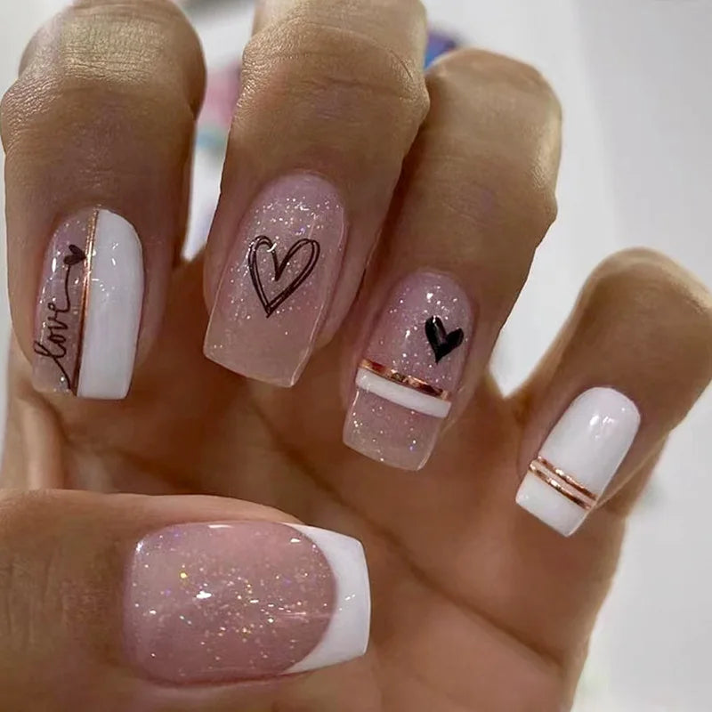 24pcs Short Round French Sparkling Pearl Wavy Love Heart Full Cover Detachable False Press On Nails