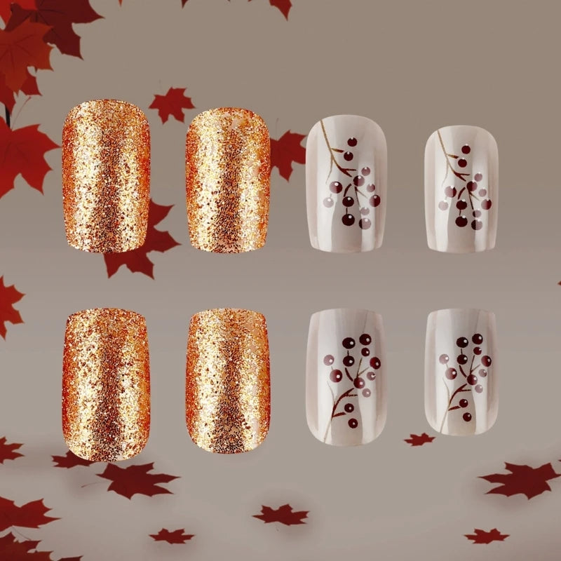 24pcs Maple Leaves Short Autumn Winter Fall Gold Red Full Cover Press On Nails False Nails