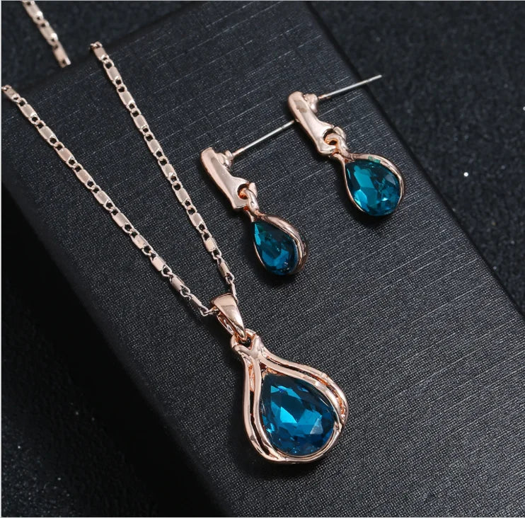 Women Elegant Waterdrop Rhinestone Pendant Necklace Hook Earrings Gold Jewelry Set Gift