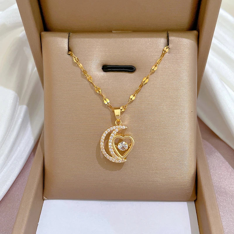 Gold Heart Moon Pendant Shiny Zircon Planet Water Drop Clavicle Choker Women Necklace Jewelry Gifts