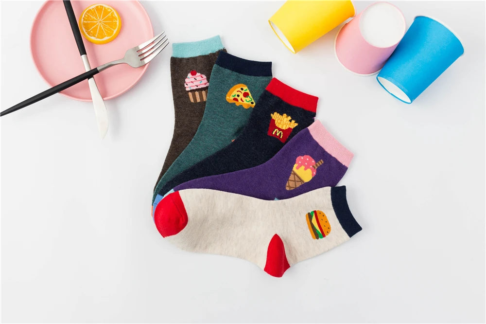 New Women Cartoon Burger Fries Pizza Cola Ice Cream Cake Patterned Funny Unisex Socks Christmas Gift