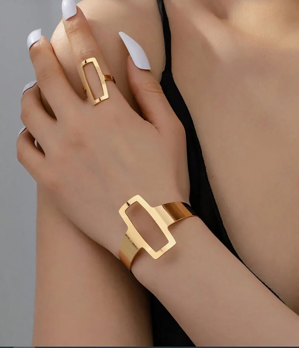 2Pcs/Set Trendy Minimalist Geometric Square Jewelry Hollowed Out Ring Bracelet Jewelry Set Gift