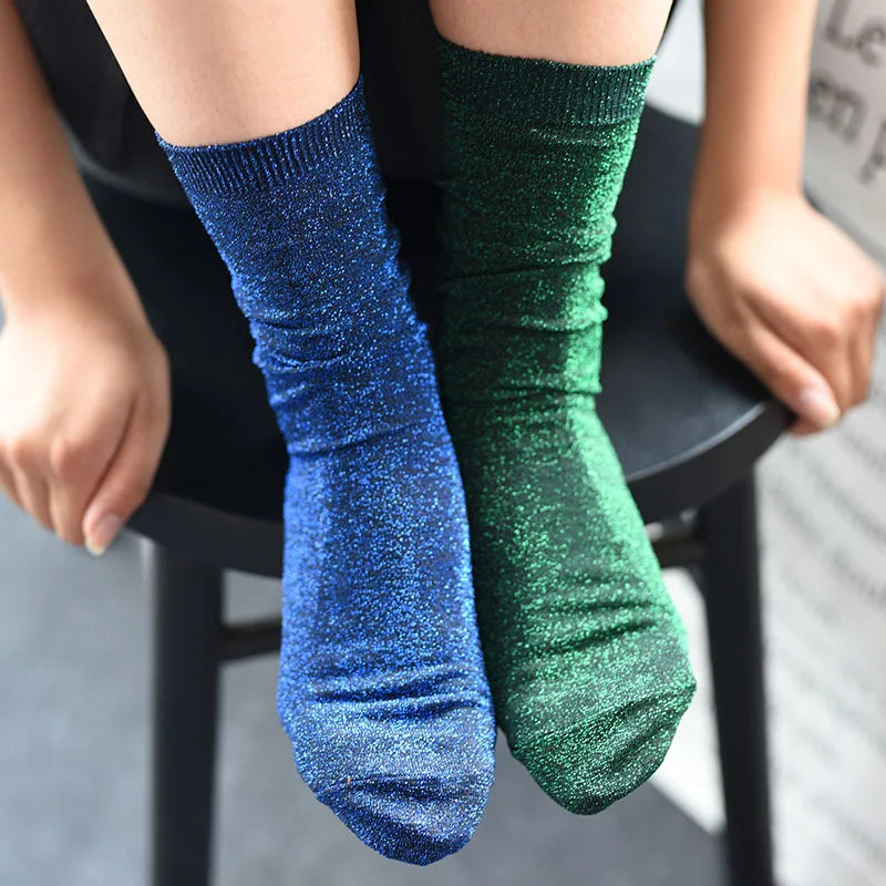 Women Style Gold Silver Silk Material Glitter Tube Solid Color Shiny High Elastic Christmas Socks