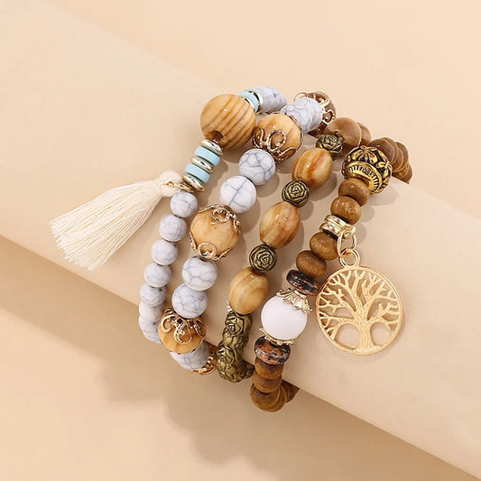 4pcs/Set Bohemia Tree Of Life White Tassel Charm Elastic Chain Wooden Beaded Women Bracelet Set Gift