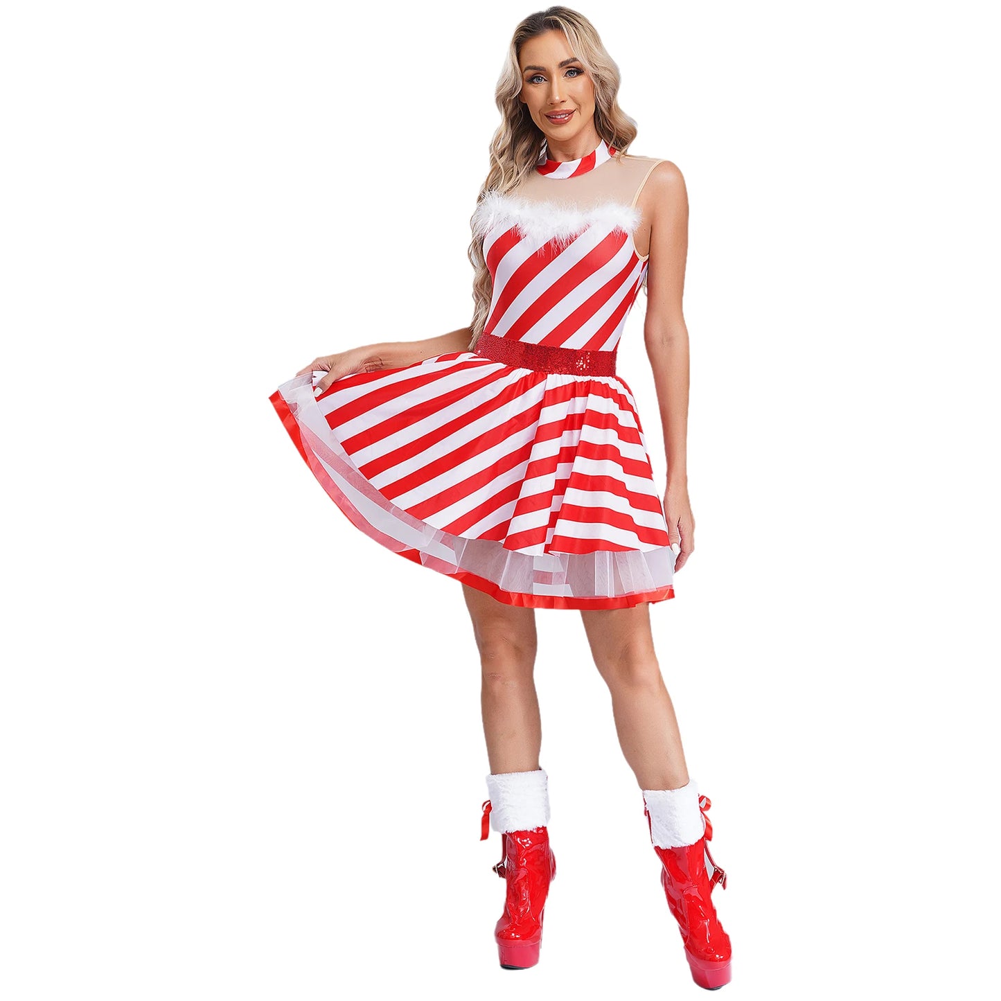 Women Adults Christmas Tutu Dress Candy Cane Striped Skating Ballet Dance Xmas Fancy Costume Gifts