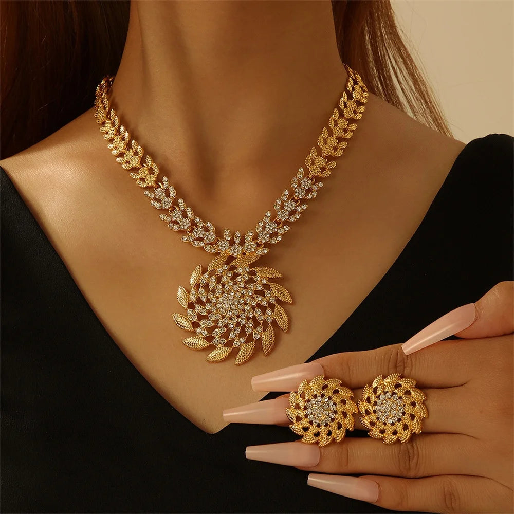 Fashion Sunflower Gold Women Earrings Necklace Jewelry Set Wedding Party Accessories Gift